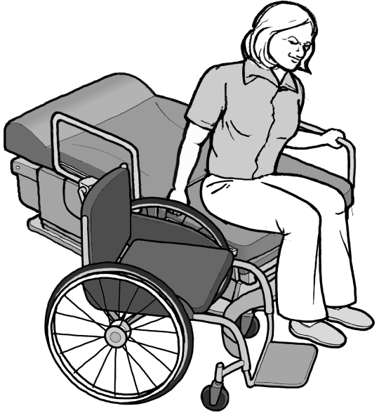 Drawing of a woman transferring herself from an exam table to a wheelchair.